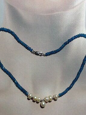 Natural Faceted Rondelle Blue Apatite Beads and Freshwater Pearl Necklace.